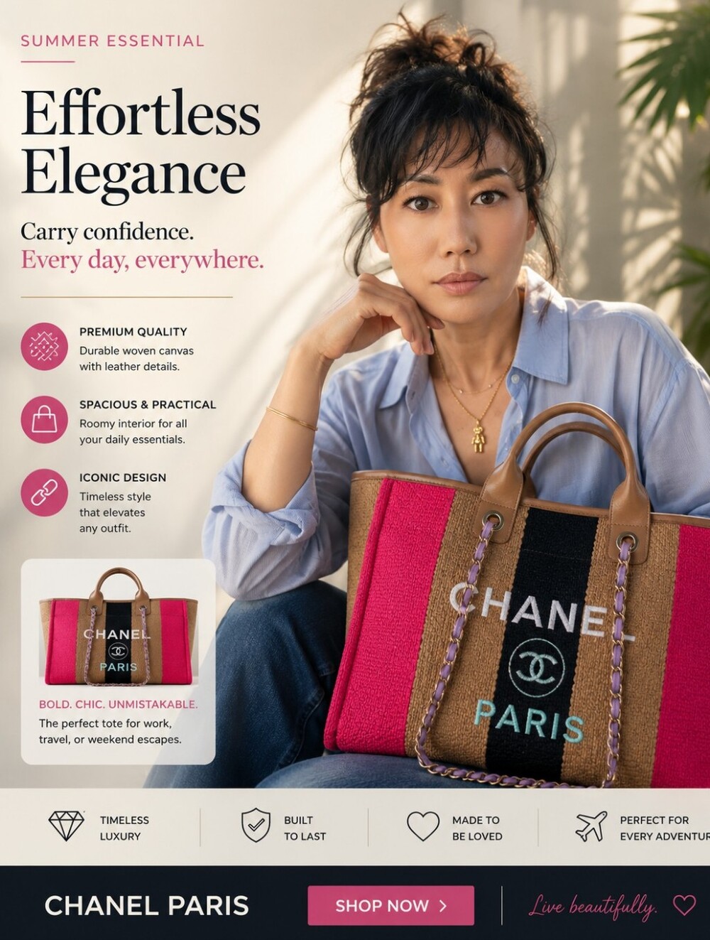 CHANEL Deauville Tote Striped Viscose Canvas Medium